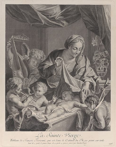 The Virgin holding a cloth above the sleeping Christ child, with musical angels and the infant Saint John the Baptist, by Nicolas Pigné