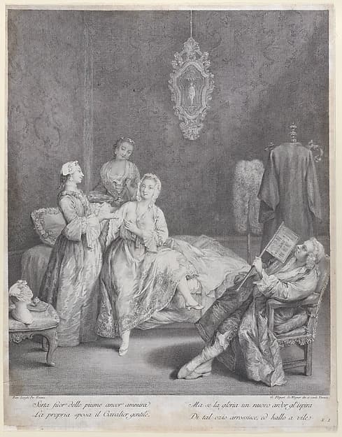 A woman getting out of bed in an elegant interior, with two servants about to help her get dressed, while her husband sits in an armchair at right, by Charles Joseph Flipart