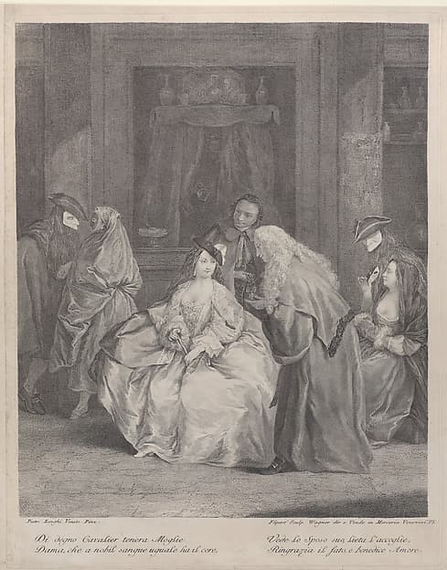 The Meeting, a man bows before a seated woman at center, while couples wearing masks converse in the background, by Charles Joseph Flipart