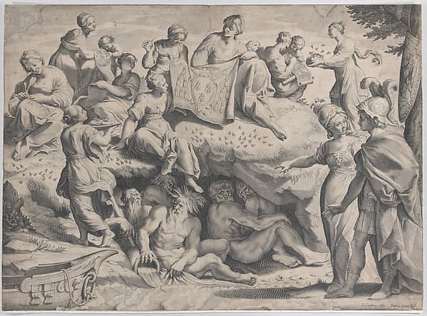 Allegory with Minerva at right, leading a young man towards Mount Parnassus, where the Muses sit, by Johann Friedrich Greuter