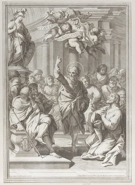 Saint Paul preaching at center, standing in a crowd in a columned interior, pointing upwards toward putti who hold a scroll, by Arnold van Westerhout