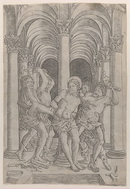 The Flagellation of Christ who is tied to a column at center set within an arcade, by Giovanni Antonio da Brescia
