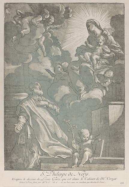 Saint Philip Neri, kneeling at left, with the Virgin and child appearing at upper right, by Nicolas Le Sueur