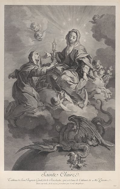 Saint Clare, seated in the clouds among angels, a dragon below, by Louis Desplaces