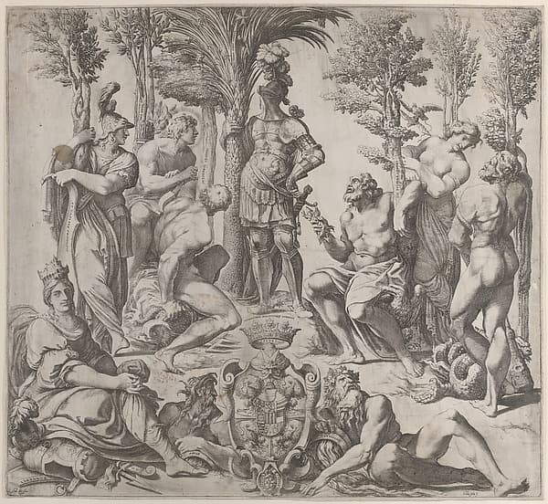 Allegorical composition with six Olympian gods gathered around a figure in armor, by Oliviero Gatti