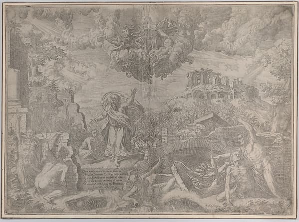 The vision of Ezekiel, with the dead rising and putting on their flesh, God the Father above in the sky, by Giovanni Battista Fontana
