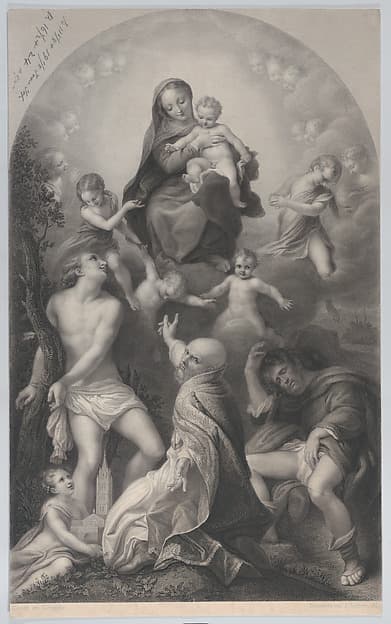 The Madonna of Saint Sebastian, with the Virgin and Child, surrounded by angels, looking down at Saint Sebastian, Saint Germinianus, and Saint Roch, by Achille Désiré Lefèvre