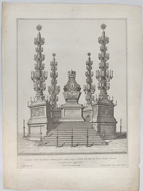 Catafalque for Pope Clement X: a central structure raised on a 15 stepped platform, with columns surmounted by elaborate candelabra at each corner, by Giovanni Battista Falda
