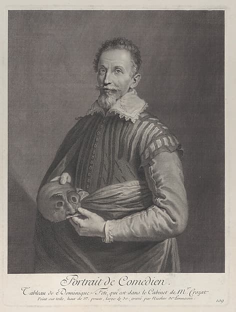 Portrait of a Comedian: portrait of Francesco Andreini holding a mask, by Nicolas de Larmessin III