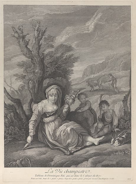A country woman sitting in landscape with two boys at her side, by Gérard Jean Baptiste Scotin I