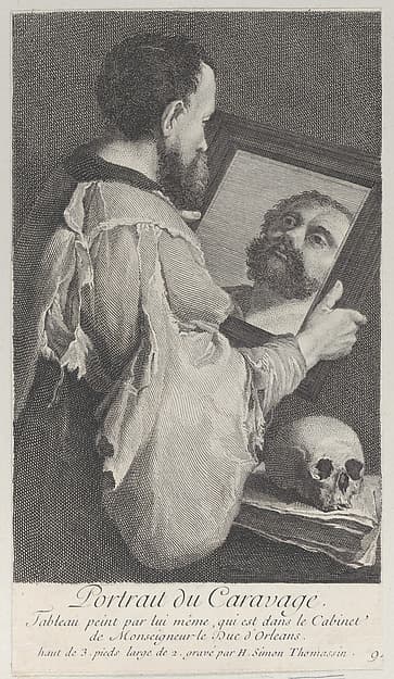 Portrait of Caravaggio, turned to the right and looking at his reflection in a mirror, by Henri Simon Thomassin