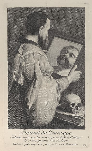 Portrait of Caravaggio, turned to the right and looking at his reflection in a mirror, by Henri Simon Thomassin