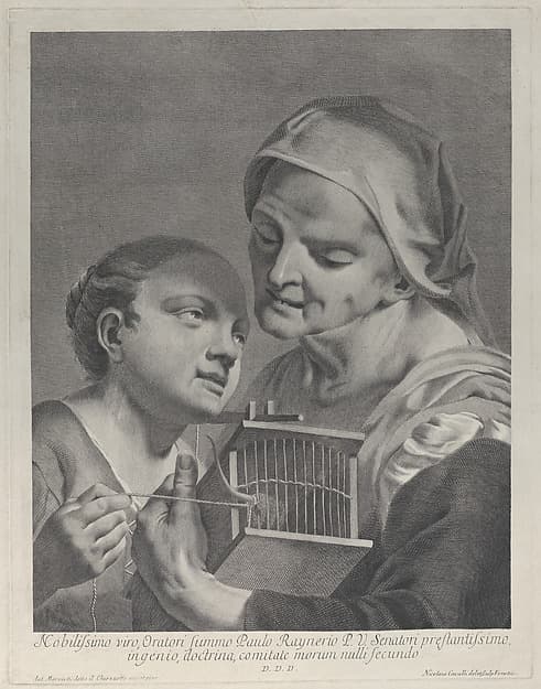 An old woman holding a mousetrap while a young girl holds a string attached to its tail, by Niccolò Cavalli