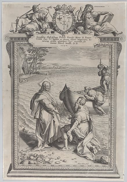Christ calling Saint Andrew, who kneels before him on a beach, and Saint Peter, who climbs out of a boat at right, by Adriaen Collaert