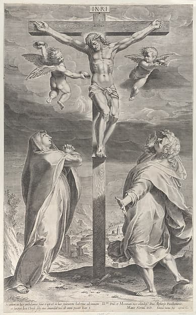 Crucifixion with the Virgin Mary and Saint John the Evangelist, angels overhead, by Gijsbert Van Veen
