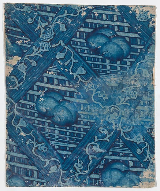 Blue paste paper with striped and floral pattern, by Anonymous