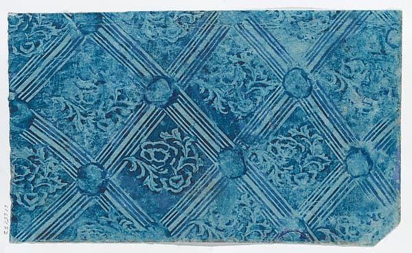 Paste paper with blue stripe and floral pattern, by Anonymous