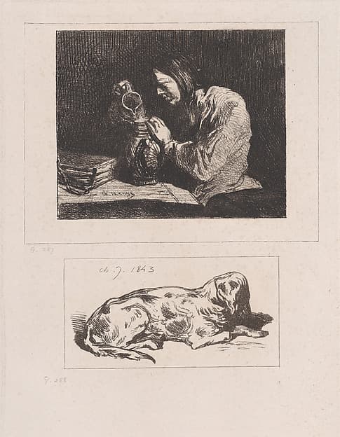 Bust of a Man (a) and Sleeping Dog (b), by Charles Jacque
