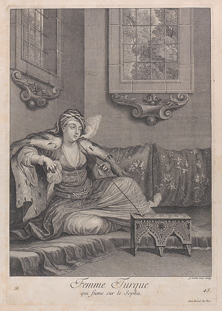 Femme Turque, qui fume sur le Sopha, plate 45 from "Recueil de cent estampes représentent differentes nations du Levant", by Jean Baptiste Vanmour