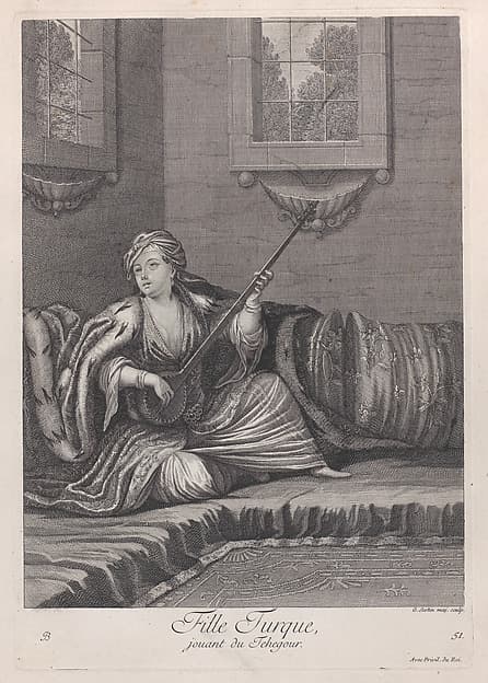 Fille Turque, jouant du Tehegour, plate 51 from "Recueil de cent estampes représentent differentes nations du Levant", by Jean Baptiste Vanmour