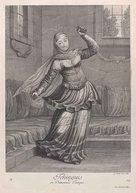 Tchinguis, ou Danseuse Turque, plate 54 from "Recueil de cent estampes représentent differentes nations du Levant", by Jean Baptiste Vanmour
