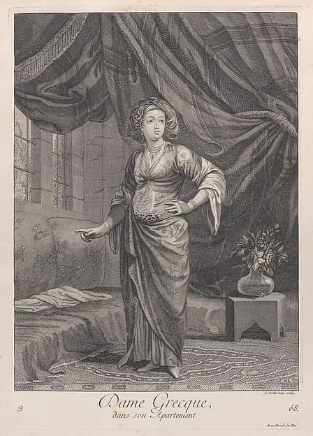Dame Grecque, dans son Apartement, plate 68 from "Recueil de cent estampes représentent differentes nations du Levant", by Jean Baptiste Vanmour