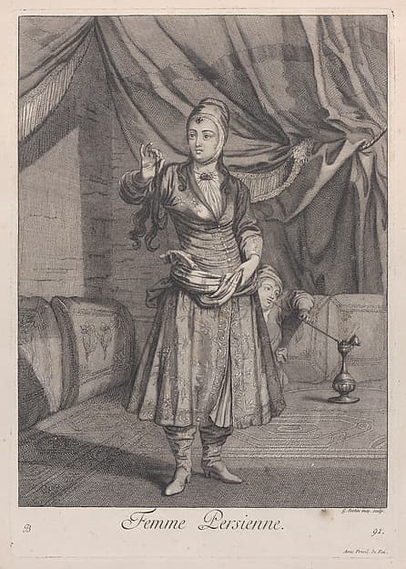 Femme Persienne, plate 91 from "Recueil de cent estampes représentent differentes nations du Levant", by Jean Baptiste Vanmour