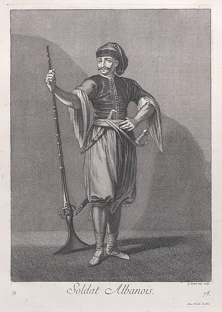 Soldat Albanois, plate 78 from "Recueil de cent estampes représentent differentes nations du Levant", by Jean Baptiste Vanmour