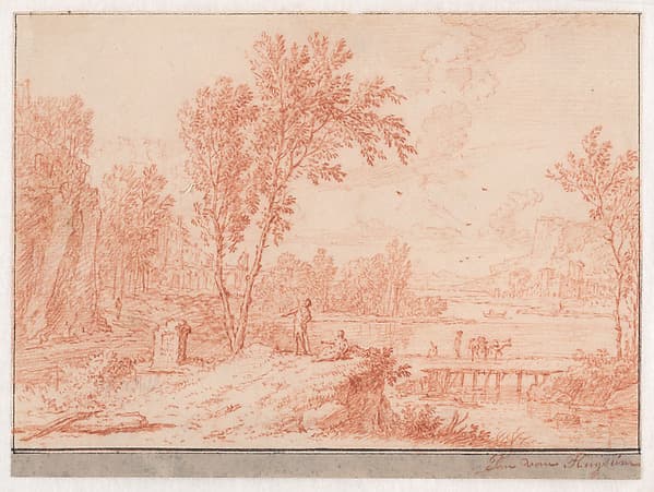 A Classical Landscape with Travelers by a Lake, by Jan van Huysum