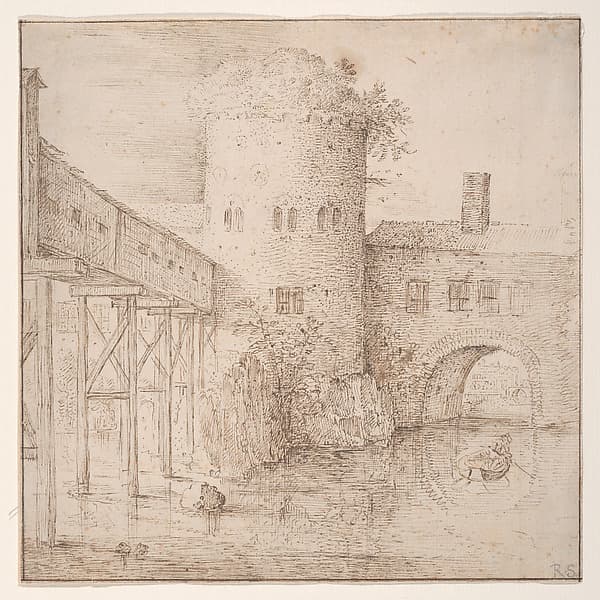 A Mill with a Fortified Bridge, a Rowing Boat in the Foreground, by Roelandt Savery