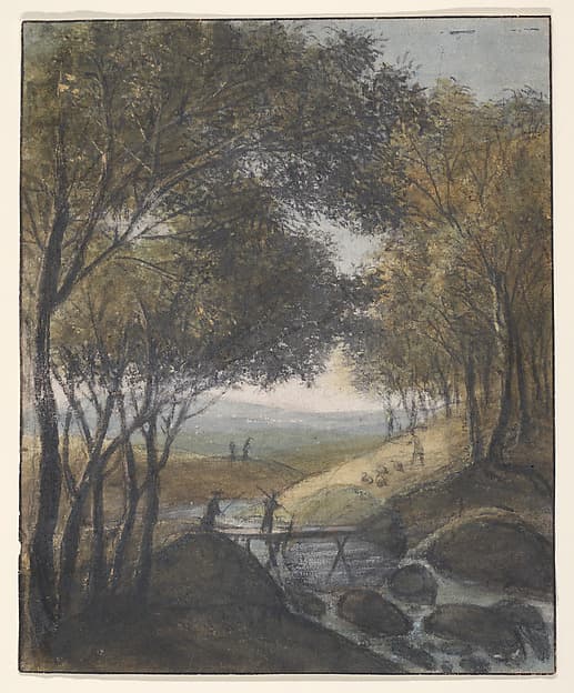 Landscape with a Traveler Crossing a Bridge (recto); Sketches of a Gate, a Bridge, and a Town Hall (verso), by Anthonie Waterloo