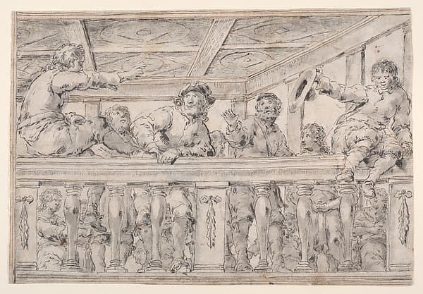 Men on a Balcony (recto); Old Man Pointing to a Book Held by a Boy (verso), by Leonaert Bramer