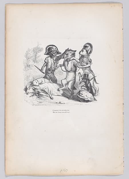 The author of this attack is a delicate little wolf, from "Scenes from the Private and Public Life of Animals", by J. J. Grandville