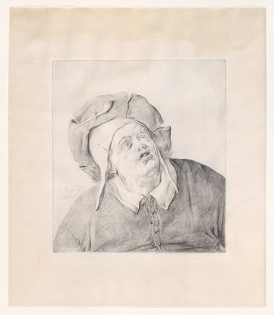 A man in a hat looking up, by Cornelis Dusart