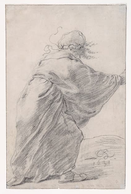 A wild-haired, robed woman rushing to the right, seen from behind, by Cornelis Saftleven