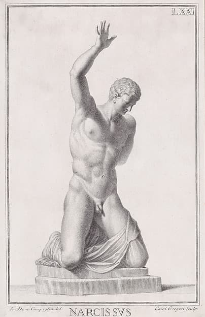 Plate LXXI (71): Narcissus, from "Museum Florentinum" (Statuae antiquae dorum et virorum illustrium), by Carlo Gregori