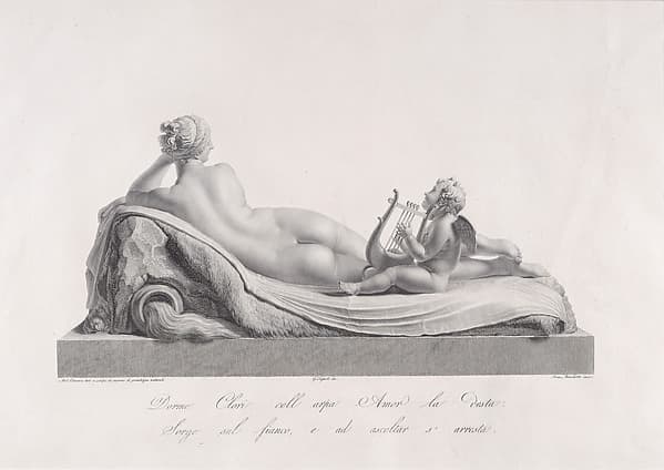 Back view of Venus reclining accompanied by Cupid with a harp, from "Oeuvre de Canova: Recueil de Statues...", by Domenico Marchetti