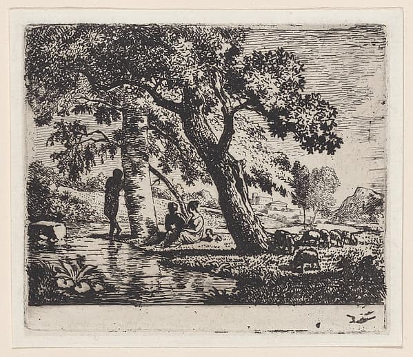 Three figures seated beneath a tree with a body of water at left and sheep at right, by Jean Louis de Marne (called Demarnette)
