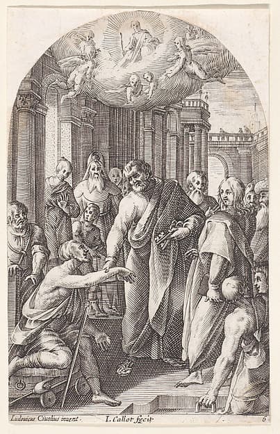 St. Peter and St. John Healing the Lame at the Gates of the Temple, plate 6 from "Les Tableaux de Rome, Les Eglises Jubilaires" (The Paintings of Rome, The Churches Jubilee), by Jacques Callot
