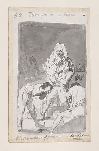 A charlatan extracting a tooth from a patient's mouth, figure in the foreground vomiting; folio 68 (verso) from the Madrid Album "B", by Goya (Francisco de Goya y Lucientes)