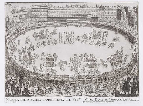 Reprint of Le Défilé Entrée des Chars de l'Afrique et de l'Aise (The Entrance Parade of the Chariots of Africa and Asia), from La Guerre d'Amour (Guerra d'Amore) (War of Love), by Jacques Callot