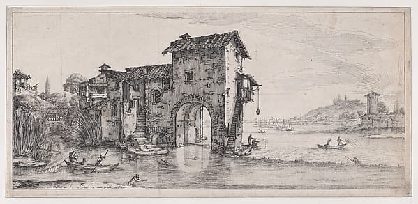 Le Moulin a Eau (The Water Mill), from Paysages Gravés pour Jean de Médicis appelées aussi Paysages Dessinés a Florence, Vues de Florence, Paysages d'Italie, et Paysages Définitifs (Landscapes Engraved for Giovanni de'Medici, Landscapes Designed in Florence, Views of Florence, Landscapes of Italy, and Definitive Landscapes), by Jacques Callot