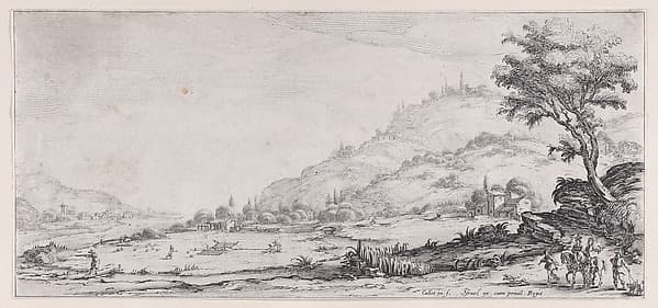 Le Chasse aux Oiseaux (The Bird Hunt), from "Paysages Gravés pour Jean de Médicis appelées aussi Paysages Dessinés a Florence, Vues de Florence, Paysages d'Italie, et Paysages Définitifs" (Landscapes Engraved for Giovanni de'Medici, Landscapes Designed in Florence, Views of Florence, Landscapes of Italy, and Definitive Landscapes), by Jacques Callot