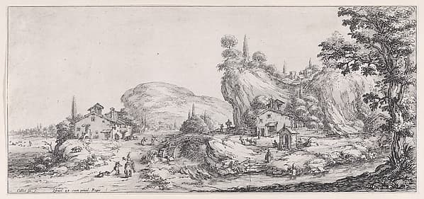 Le Retour de la Chasse (The Return of the Hunt), from "Paysages Gravés pour Jean de Médicis appelées aussi Paysages Dessinés a Florence, Vues de Florence, Paysages d'Italie, et Paysages Définitifs" (Landscapes Engraved for Giovanni de'Medici, Landscapes Designed in Florence, Views of Florence, Landscapes of Italy, and Definitive Landscapes), by Jacques Callot
