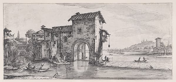 Le Moulin a Eau (The Water Mill), from "Paysages Gravés pour Jean de Médicis appelées aussi Paysages Dessinés a Florence, Vues de Florence, Paysages d'Italie, et Paysages Définitifs" (Landscapes Engraved for Giovanni de'Medici, Landscapes Designed in Florence, Views of Florence, Landscapes of Italy, and Definitive Landscapes), by Jacques Callot