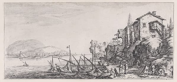 Le Petit Port pièce appelée aussi Le Port de Mer (The Small Port also called the Seaport), from "Paysages Gravés pour Jean de Médicis appelées aussi Paysages Dessinés a Florence, Vues de Florence, Paysages d'Italie, et Paysages Définitifs" (Landscapes Engraved for Giovanni de'Medici, Landscapes Designed in Florence, Views of Florence, Landscapes of Italy, and Definitive Landscapes), by Jacques Callot