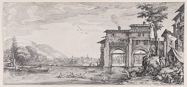 Les Baigneurs (The Bathers), from "Paysages Gravés pour Jean de Médicis appelées aussi Paysages Dessinés a Florence, Vues de Florence, Paysages d'Italie, et Paysages Définitifs" (Landscapes Engraved for Giovanni de'Medici, Landscapes Designed in Florence, Views of Florence, Landscapes of Italy, and Definitive Landscapes), by Jacques Callot