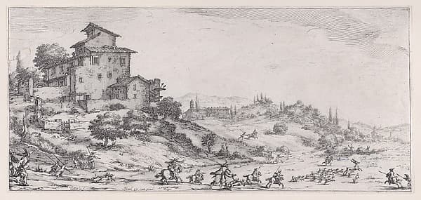 Le Chasse au Cerf (The Stag Hunt), from "Paysages Gravés pour Jean de Médicis appelées aussi Paysages Dessinés a Florence, Vues de Florence, Paysages d'Italie, et Paysages Définitifs" (Landscapes Engraved for Giovanni de'Medici, Landscapes Designed in Florence, Views of Florence, Landscapes of Italy, and Definitive Landscapes), by Jacques Callot
