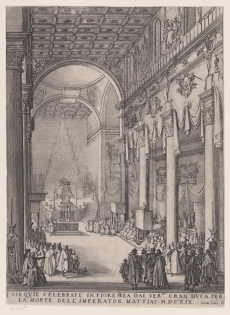 Le Catafalque de l'Empereur Mathais pièce appelée aussi Le Petit Prédicateur, La Chapelle Funèbre de Florence et Requiem de L'Empereur Mathais (The Catafalque of the Emperor Matthais, piece also called The Small Preacher, The Funerary Chapel of Florence, The Requiem of the Emperor Matthais), by Jacques Callot