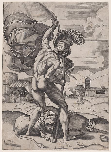 Man with a Flag, by Agostino Veneziano (Agostino dei Musi)